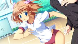  blue_eyes brown_hair female game_cg gym_uniform narumi_suzune running shijo_yuki tojita_sekai_no_tori_colony 