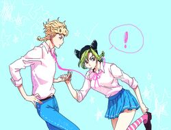  1boy bad_id bad_pixiv_id black_hair blonde_hair cone_hair_bun double_bun female giorno_giovanna green_hair hair_bun jojo_no_kimyou_na_bouken kujo_jolyne matcha_cream_v multicolored_hair stone_ocean two-tone_hair vento_aureo 