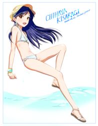  :d artist_name bare_arms bare_legs bare_shoulders barefoot bikini blue_border blue_hair border bracelet brown_eyes character_name collarbone commentary_request dated earrings female flat_chest full_body h_p hat idolmaster idolmaster_(classic) invisible_chair jewelry kisaragi_chihaya knee_up long_hair looking_at_viewer looking_to_the_side navel o-ring o-ring_bottom open_mouth sandals simple_background sitting smile solo sparkle starfish_earrings stomach striped_bikini striped_clothes sun_hat swimsuit toes water white_background white_footwear yellow_hat 