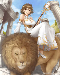  :d architecture bad_id bad_pixiv_id bare_shoulders blush breasts brown_hair choker cleavage column commentary_request cybele_(unmei_no_clan_battle) detached_sleeves dress earrings female greco-roman_architecture hair_ornament jewelry large_breasts lion open_mouth photoshop_(medium) pillar red_eyes riding short_hair sideless_outfit smile solo ss39 staff unmei_no_clan_battle 