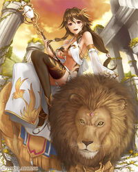  :d architecture bad_id bad_pixiv_id bare_shoulders blush breasts brown_hair choker column commentary_request cybele_(unmei_no_clan_battle) detached_sleeves female greco-roman_architecture hair_ornament large_breasts lion long_hair long_skirt midriff open_mouth photoshop_(medium) pillar red_eyes revealing_clothes riding side_slit sideboob skirt smile solo ss39 staff thighhighs underboob unmei_no_clan_battle 