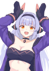  absurdres arms_up bandeau black_bandeau black_choker black_mittens blunt_bangs breasts challenger_dominiel choker cleavage commentary_request epic_seven female headgear highres jacket konjou long_hair long_sleeves looking_at_viewer medium_breasts midriff mittens mixed-language_commentary navel open_clothes open_jacket open_mouth orange_eyes purple_hair purple_jacket rabbit_pose simple_background smile solo strapless tube_top upper_body white_background 