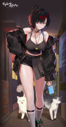  absurdres animal armpits bare_shoulders belt black_choker black_jacket black_shirt black_shorts breasts bystander_hwayoung_(epic_seven) camisole choker cleavage closed_mouth commentary_request crop_top epic_seven feline female grey_skirt hair_bun hair_over_one_eye hand_on_own_hip highres hwayoung_(epic_seven) jacket jewelry large_breasts looking_at_viewer medium_hair midriff necklace off_shoulder official_art open_clothes open_jacket orange_eyes pleated_skirt shirt short_shorts shorts skirt skort sleeveless sleeveless_shirt smile socks solo thighs white_socks 