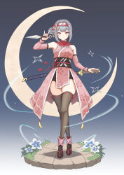  \m/ absurdres arm_up armpits bare_shoulders black_boots boots brown_thighhighs byblis_(epic_seven) closed_mouth commentary_request crescent_moon crossed_legs detached_sleeves dress epic_seven female full_body grey_hair hair_bun highres holding holding_kunai holding_weapon japanese_clothes katana konjou kunai long_sleeves looking_at_viewer moon ninja obi pelvic_curtain pink_dress red_eyes red_scarf sash scarf short_hair single_side_bun sleeveless sleeveless_dress smile solo standing sword thighhighs thighs watson_cross weapon 
