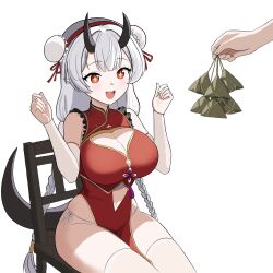  absurdres alternate_costume bare_shoulders braid breasts bun_cover chair china_dress chinese_clothes cleavage cleavage_cutout clothing_cutout detached_sleeves double_bun dress epic_seven female frilled_dress frills gold_trim hair_bun hands_up highres horns large_breasts long_sleeves navel navel_cutout open_mouth pelvic_curtain red_dress red_eyes side-tie_peek simple_background sitting skindentation sleeveless sleeveless_dress smile solo sparkling_eyes tail thighhighs thighs twin_braids white_background white_hair white_thighhighs wojiuaichiyaoguojiding yufine_(epic_seven) 