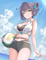  absurdres alexa_(epic_seven) ball bare_shoulders beachball bikini black_bikini black_hair breasts cleavage closed_mouth commentary_request cowboy_shot cowlick crop_top day epic_seven female green_eyes hair_rings highres konjou looking_at_viewer medium_breasts navel official_alternate_costume outdoors shirt sleeveless sleeveless_shirt smile solo summer&#039;s_disciple_alexa_(epic_seven) sunlight swimsuit white_shirt 
