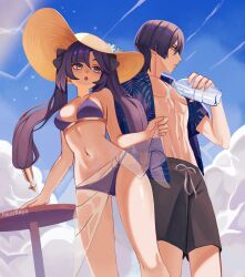  1boy abs absurdres alternate_costume arms_at_sides artist_name ass_visible_through_thighs bikini bikini_skirt black_bow black_eyes black_hair black_shorts blue_sky blunt_bangs blunt_ends bow breasts brown_hat by_nearreya cloud cloudy_sky collarbone contemporary drawstring eyelashes eyeliner eyeshadow female fingernails flower genshin_impact grey_eyes hair_between_eyes hairbow hand_rest hat hat_flower hawaiian_shirt highres large_breasts leaf_print long_hair looking_to_the_side makeup male_swimwear midriff mona_(genshin_impact) navel outdoors parted_bangs parted_lips pectorals pink_nails ponytail_holder purple_bikini purple_hair purple_lips purple_shirt purple_sleeves red_eyeliner red_eyeshadow scaramouche_(genshin_impact) see-through_clothes see-through_skirt shirt short_sleeves shorts sideboob sidelocks skirt sky sun_hat swim_trunks swimsuit table toned toned_male twintails unbuttoned unbuttoned_shirt white_flower white_mouth 