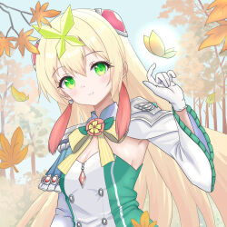  absurdres armpit_peek blonde_hair bow bowtie breasts closed_mouth commentary_request destina_(epic_seven) detached_sleeves epic_seven female green_eyes hair_ornament hand_up highres konjou long_hair long_sleeves looking_at_viewer shirt small_breasts smile solo strapless strapless_shirt two-tone_shirt upper_body very_long_hair wide_sleeves 