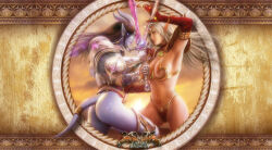  2girls armor armpits ass azazel bad_link bikini_armor blood_elf_(warcraft) draenei highres horns long_hair multiple_girls tail warcraft weapon world_of_warcraft 