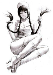  ass azazel female gloves hat long_hair monochrome nurse_cap simple_background smile twintails 