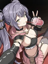  absurdres arm_strap armor armpits belt_pouch black_choker black_gloves black_shirt black_thighhighs breasts cape choker cleavage closed_mouth crop_top cup drinking_straw elbow_gloves epic_seven female fingerless_gloves frilled_shirt frills from_side garter_straps gloves gold_trim green_eyes grey_hair hand_up highres holding holding_cup long_hair looking_at_viewer medium_breasts midriff miniskirt navel outstretched_arm pauldrons pink_cape pink_skirt pleated_skirt pouch rinak_(epic_seven) selfie shirt shoulder_armor single_garter_strap single_pauldron sitting skirt sleeveless sleeveless_shirt smile solo spaghetti_strap stomach thighhighs twintails v very_long_hair wojiuaichiyaoguojiding zettai_ryouiki 