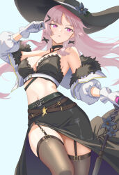  absurdres bandeau bare_shoulders belt black_bandeau black_choker black_hat black_skirt breasts brown_thighhighs choker cleavage commentary_request cropped_jacket epic_seven female floating_hair fur_trim garter_straps gloves hand_up hat highres jacket konjou lilias_(epic_seven) long_hair long_skirt looking_to_the_side medium_breasts midriff multiple_belts navel off_shoulder open_clothes open_jacket open_mouth pink_eyes pink_hair side_slit skirt solo stomach strapless sun_hat thighhighs thighs tube_top white_gloves white_jacket 
