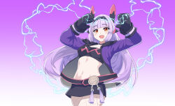  arms_up bandeau black_bandeau black_choker black_mittens black_skirt breasts challenger_dominiel choker commentary_request epic_seven female fishnet_pantyhose fishnets gradient_background hairband headgear highres jacket konjou lightning long_hair long_sleeves looking_at_viewer midriff miniskirt mittens navel open_clothes open_jacket open_mouth pantyhose purple_hair purple_jacket red_eyes skirt small_breasts smile solo stomach strapless tube_top 