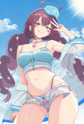  :q absurdres adversarial_noise ahoge arm_up armpits bare_shoulders bikini bikini_bottom_only blue_bikini blue_shirt braid breasts choker closed_mouth commentary_request cowboy_shot crop_top day epic_seven facial_mark female green_eyes heterochromia highleg highleg_bikini highres jacket konjou long_hair looking_at_viewer luluca_(epic_seven) medium_breasts micro_shorts midriff navel ocean_breeze_luluca_(epic_seven) off_shoulder open_clothes open_fly open_jacket outdoors purple_hair red_eyes see-through_clothes see-through_jacket shirt shorts sleeveless sleeveless_shirt smile solo spaghetti_strap standing stomach string_bikini sunlight swimsuit thighs tongue tongue_out torn_clothes torn_shorts twin_braids twintails very_long_hair visor_cap w white_choker white_shorts 