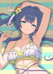  absurdres aqua_eyes arm_up armpits bare_arms bare_shoulders bellona_(epic_seven) bikini blue_hair breasts cleavage closed_mouth collarbone commentary_request epic_seven female frilled_bikini frills hand_up highres konjou long_hair looking_at_viewer navel official_alternate_costume ponytail seaside_bellona_(epic_seven) small_breasts smile solo swimsuit upper_body yellow_bikini 