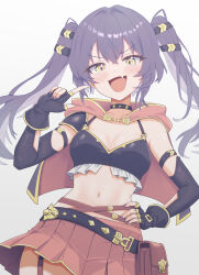  absurdres belt belt_pouch black_belt black_capelet black_choker black_gloves blush breasts capelet choker cleavage collarbone commentary crop_top crossed_bangs elbow_gloves epic_seven female fingerless_gloves frills garter_straps gloves gold_trim hair_intakes hand_on_own_hip hand_up highres index_finger_raised konjou long_hair looking_at_viewer medium_breasts mesugaki navel oerba_yun_fang open_mouth pleated_skirt pouch purple_hair purple_nails red_skirt rinak_(epic_seven) simple_background single_bare_shoulder single_shoulder_pad skin_fang skirt solo standing twintails two-sided_capelet very_long_hair white_background yellow_eyes 