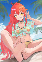  absurdres adversarial_noise antenna_hair bare_legs barefoot beach bikini black_choker breasts cermia_(epic_seven) cermia_(swimsuit_cermia)_(epic_seven) choker cleavage commentary_request day epic_seven feet female floral_print floral_print_shirt front-tie_bikini_top front-tie_top grin hair_ribbon hand_up highres konjou long_hair looking_at_viewer navel official_alternate_costume orange_eyes orange_hair outdoors ponytail ribbon sitting small_breasts smile soles solo swimsuit toes very_long_hair yellow_bikini 