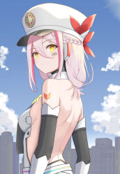  absurdres backless_outfit barcode barcode_tattoo bare_back bare_shoulders braid breasts commentary_request detached_sleeves epic_seven female from_behind hair_between_eyes hat highres konjou landy_(epic_seven) long_hair long_sleeves looking_at_viewer looking_back median_furrow multicolored_hair no_cape outdoors peaked_cap pink_hair small_breasts solo streaked_hair tattoo upper_body white_hat yellow_eyes 