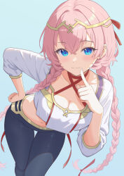  :3 absurdres bent_over black_pants blue_background blue_eyes braid breasts choker circlet cleavage closed_mouth collarbone commentary_request criss-cross_halter crop_top crop_top_overhang epic_seven female finger_to_mouth halterneck hand_on_own_hip highres index_finger_raised konjou long_hair long_sleeves looking_at_viewer low_twintails medium_breasts midriff navel pants pink_hair red_choker shirt smile solo standing stomach tenebria_(epic_seven) thigh_gap twin_braids twintails very_long_hair white_shirt 