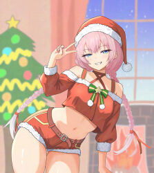  absurdres alternate_costume bare_shoulders belt blue_eyes braid breasts choker christmas christmas_tree commentary_request criss-cross_halter crop_top crop_top_overhang epic_seven female fur-trimmed_shorts fur_trim grin halterneck hand_up hat highres konjou leaning_to_the_side long_hair looking_at_viewer midriff navel off_shoulder pink_hair red_choker red_hat red_shirt red_shorts santa_costume santa_hat shirt short_shorts shorts small_breasts smile solo stomach tenebria_(epic_seven) thighs twin_braids twintails v very_long_hair 