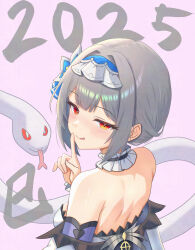  2025 :q absurdres back bare_shoulders blush breasts byblis_(epic_seven) choker closed_mouth commentary_request epic_seven female frilled_choker frills from_behind grey_hair headdress highres index_finger_raised konjou looking_at_viewer looking_back median_furrow nose_blush off_shoulder red_eyes short_hair small_breasts smile snake solo tongue tongue_out upper_body 