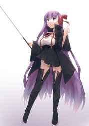  absurdres bb_(fate) bb_(fate/extra) black_coat black_skirt black_thighhighs blush breasts coat collared_shirt deko_morii fate/grand_order fate_(series) female hair_ribbon high-waist_skirt highres large_breasts long_hair long_sleeves looking_at_viewer neck_ribbon open_clothes open_coat open_mouth popped_collar purple_eyes purple_hair red_ribbon ribbon shirt skirt smile solo thighhighs very_long_hair wand white_shirt wide_sleeves 