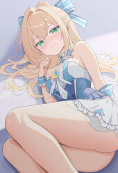  absurdres ass bare_legs bare_shoulders blonde_hair blue_dress bow closed_mouth commentary_request diene_(epic_seven) dress epic_seven feet_out_of_frame female green_eyes hairbow hand_up highres konjou long_hair looking_at_viewer lying mole mole_under_mouth on_side short_dress sleeveless sleeveless_dress solo thighs 