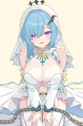  absurdres aqua_hair bare_shoulders bound bound_wrists breasts bridal_veil chains cleavage commentary_request covered_navel detached_sleeves dress epic_seven female highres kneeling konjou large_breasts long_hair looking_at_viewer open_mouth purple_eyes see-through_cleavage see-through_clothes see-through_dress senya_(epic_seven) skindentation smile solo thighhighs veil white_dress white_thighhighs yellow_background 