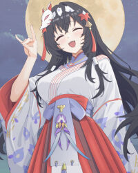  absurdres black_hair blush breasts closed_eyes commentary crossed_bangs epic_seven female fox_mask fox_shadow_puppet from_below full_moon hair_between_eyes hair_ornament hand_up highres japanese_clothes kimono konjou large_breasts long_hair long_sleeves mask mask_on_head moon moonlight night night_sky obi open_mouth politis_(epic_seven) print_kimono red_trim sash sky smile solo tassel tassel_hair_ornament very_long_hair white_kimono wide_sleeves 