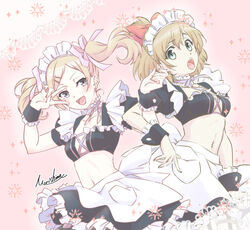  2girls :d :o bikini blonde_hair blue_eyes border bow brown_hair cosplay exodus! hair_ribbon hairbow lace lace_border maid maid_bikini maid_headdress miyamori_aoi mole mole_under_eye morishima_noriko multiple_girls navel open_mouth ornate_border pink_background pink_ribbon puffy_short_sleeves puffy_sleeves purple_eyes red_bow ribbon shirobako short_sleeves smile sparkle swimsuit teeth twintails unconventional_maid upper_teeth_only v_over_eye wrist_cuffs yano_erika 