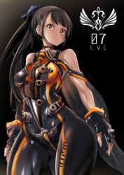  ass_visible_through_thighs black_background black_bodysuit black_gloves black_hair bodysuit breasts brown_eyes character_name commentary_request dangle_earrings earrings edoara eve_(stellar_blade) female fingerless_gloves gloves hair_ornament highres impossible_bodysuit impossible_clothes jewelry long_hair looking_at_viewer medium_breasts orange_bodysuit planet_diving_suit_(7th)_(stellar_blade) planet_diving_suit_(7th)_v2_(stellar_blade) ponytail skin_tight solo stellar_blade very_long_hair 