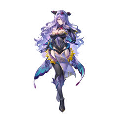  absurdres black_panties black_thighhighs breasts camilla_(fire_emblem) camilla_(resplendent)_(fire_emblem) cleavage fake_horns female fire_emblem fire_emblem_fates fire_emblem_heroes full_body gloves gomashio_ponz hair_over_one_eye highres horns large_breasts long_hair official_alternate_costume official_art panties purple_eyes purple_gloves purple_hair simple_background solo tachi-e thighhighs thighs underwear wavy_hair white_background 