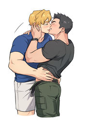  2boys absurdres ao_isami bara belt black_hair blonde_hair blue_shirt blush cargo_pants closed_eyes commentary couple cropped_legs facial_hair grey_shirt hand_on_another&#039;s_neck hand_on_another&#039;s_waist highres kissing lewis_smith male_focus multiple_boys muscular muscular_male pants shirt short_hair short_sleeves shorts sideburns_stubble simple_background stubble symbol-only_commentary unzipped wasted_m9 watch white_background white_shorts wristwatch yaoi yuuki_bakuhatsu_bang_bravern 