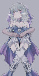  bare_shoulders blue_dress blush breasts closed_eyes crotch_grab detached_sleeves dress duel_monster female grey_hair groping hand_on_another&#039;s_crotch hayupipipipi highres long_sleeves medium_hair sleeves_past_wrists small_breasts sweat tearlaments_merrli tiara touching_another&#039;s_crotch veil yu-gi-oh! 