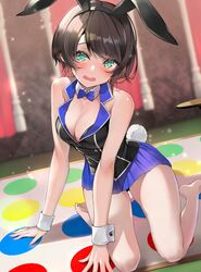  alternate_costume animal_ears bare_shoulders barefoot black_hair black_vest blue_bow blue_bowtie blue_eyes blue_skirt blush bow bowtie breasts bunny_garden check_commentary cleavage commentary_request cosplay fake_animal_ears fake_tail female full_body highres hololive kneeling large_breasts looking_at_viewer miniskirt miuka_(bunny_garden) miuka_(bunny_garden)_(cosplay) nontraditional_playboy_bunny omoti_(1201208) oozora_subaru rabbit_ears rabbit_tail short_hair skirt solo tail twister vest virtual_youtuber 