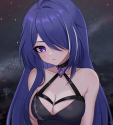  acheron_(honkai:_star_rail) armpit_crease bare_shoulders black_choker breasts choker cleavage collarbone commentary_request criss-cross_halter female hair_over_one_eye halterneck highres honkai:_star_rail honkai_(series) large_breasts light_blush long_hair looking_at_viewer multicolored_hair night night_sky purple_eyes purple_hair russian_commentary sky solo star_(sky) streaked_hair upper_body zxcsque 