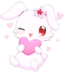  accessory anthro azuo blush cherry_blossom female floppy_ears flower flower_in_hair fur hair hair_accessory heart_symbol hi_res holding_heart jewelpet lagomorph leporid mammal one_eye_closed plant prunus_(flower) rabbit red_eyes ruby_(jewelpet) sanrio sega sega_fave simple_background solo white_background white_body white_fur wink 