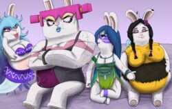  2024 4_fingers accessory allegra_(mario_plus_rabbids) anklet antennae_(anatomy) anthro arm_under_breasts armband artist_logo bangs bea_(mario_plus_rabbids) bed bedrock_(mario_plus_rabbids) bee-rabbid belly bent_legs big_belly big_breasts black_body black_eyebrows black_fur black_hair blonde_eyebrows blue_eyebrows blue_hair blue_lips bodypaint bottomwear bracelet braided_hair breasts cleavage closed_eyes clothed clothing colored cracks cracks_in_body crop_top crossed_arms digital_drawing_(artwork) digital_media_(artwork) dress eye_contact eyebrows eyelashes eyeshadow face_paint fangs featureless_breasts female fingers fist floating flower flower_in_hair fur furniture generic_flower ghost green_armband green_clothing green_dress grey_bracelet grey_clothing grey_wrestling_singlet group hair hair_accessory hair_tie half-closed_eyes hand_on_elbow hand_on_hand hands_on_belly hi_res hybrid insect_wings jewelry lagomorph larger_female lightning_bolt_marking lips logo long_ears long_hair looking_at_another makeup mammal mario_plus_rabbids_sparks_of_hope mayternity mayternity_2024 midnite_(mario_plus_rabbids) mitten_hands multicolored_body multicolored_fur multicolored_hair multicolored_wrestling_singlet narrowed_eyes navel necklace nintendo overweight overweight_anthro overweight_female pawpads pink_clothing pink_hair pink_nose pink_shirt pink_topwear pink_wrestling_singlet plant plant_clothing pregnant pregnant_anthro pregnant_female protecting protective purple_blanket purple_bottomwear purple_clothing purple_crop_top purple_eyes purple_eyeshadow purple_face_paint purple_flower purple_hair purple_lips purple_shirt purple_skirt purple_topwear rabbid raving_rabbids rayman_(series) red_tongue rock shaded shirt simple_background sitting size_difference skirt skywater smaller_female spirit square_eyes squint stone_bracelet tan_body tan_pawpads tan_skin teasing teeth thick_bottom_lip thick_eyebrows tongue tongue_out topwear twintails ubisoft wavy_hair white_body white_fur wings wrestling_singlet yellow_body yellow_fur yellow_hair_tie 