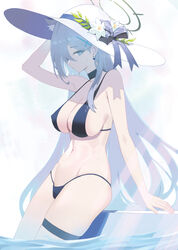  absurdres alternate_costume animal_ears bikini black_bikini black_halo blue_archive blue_eyes breasts closed_mouth commentary_request covered_nipples cross_hair_ornament earrings female flower flower_hat grey_hair hair_ornament halo hat highres jewelry large_breasts long_hair looking_at_viewer navel oro_(lsg0624) partially_submerged pool shiroko_(blue_archive) shiroko_terror_(blue_archive) swimsuit thigh_strap water white_flower white_hat 