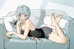  bare_arms bare_shoulders barefoot black_shirt blue_eyes breasts cleavage closed_mouth collarbone feet female fingernails full_body grey_hair grey_shorts hair_between_eyes indoors kimura_731 legs looking_at_viewer lying medium_breasts on_bench on_stomach original pillow shadow shirt short_hair shorts skincare sleeveless soles solo the_pose toes window_shadow 