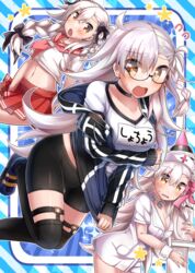  3girls alternate_costume alternate_hairstyle antenna_hair artoria_pendragon_(fate) astolfo_(fate) astolfo_(fate)_(cosplay) astolfo_(sailor_paladin)_(fate) astolfo_(sailor_paladin)_(fate)_(cosplay) bb_(bb_shot!)_(fate) bb_(bb_shot!)_(fate)_(cosplay) bb_(fate) bike_shorts black-framed_eyewear black_choker black_jacket black_shorts black_thighhighs blouse braid braided_twintails breasts choker cleavage collarbone commentary_request cosplay cover cover_page crossed_bangs doujin_cover dress fate/grand_order fate_(series) flying_sweatdrops glasses hair_ribbon hat holding holding_syringe jacket large_breasts large_syringe long_hair long_sleeves midriff multiple_girls multiple_persona mysterious_heroine_x_alter_(fate) mysterious_heroine_x_alter_(fate)_(cosplay) mysterious_heroine_x_alter_(second_ascension)_(fate) mysterious_heroine_x_alter_(second_ascension)_(fate)_(cosplay) navel neckerchief nurse nurse_cap ohitashi_netsurou olga_marie_animusphere open_mouth oversized_object partially_unzipped pink_neckerchief pink_ribbon pleated_skirt red_sailor_collar red_skirt ribbon sailor_collar school_uniform serafuku shirt short_sleeves shorts side_braid skirt sweatdrop syringe thighhighs track_jacket very_long_hair white_choker white_dress white_hair white_hat white_shirt wrist_cuffs 