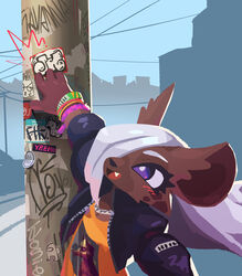  2024 4_fingers absurd_res ambient_among_us anthro blush blush_lines brown_body brown_fur building clothed clothing cropped_jacket cute_fangs day digital_media_(artwork) el-k female female_anthro fingers fur graffiti graphic_tee hair hair_over_eye happy hi_res hyena jk_(el-k) kemono mammal one_eye_obstructed open_mouth outside pole power_lines purple_eyes shirt silver_hair sky solo spotted_hyena sticker text tongue topwear wristband 