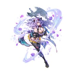  axe battle_axe black_panties black_thighhighs breasts camilla_(fire_emblem) camilla_(resplendent)_(fire_emblem) cleavage fake_horns female fire_emblem fire_emblem_fates fire_emblem_heroes full_body gloves gomashio_ponz hair_over_one_eye holding holding_axe holding_weapon horns large_breasts long_hair official_alternate_costume official_art panties purple_eyes purple_gloves purple_hair simple_background solo tachi-e thighhighs thighs third-party_source transparent_background underwear wavy_hair weapon 