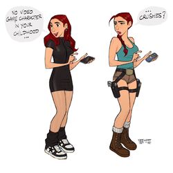  belt black_dress blue_tank_top boots braid breasts brown_shorts cleavage commentary cosplay dress english_commentary english_text highres holster lara_croft lara_croft_(cosplay) medium_breasts original parody pencil_skirt red_hair serge_birault shoes short_shorts shorts single_braid skirt sneakers speech_bubble tank_top thigh_holster thigh_strap tomb_raider weapon 