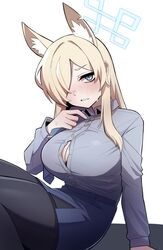  animal_ear_fluff animal_ears blonde_hair blue_archive blue_eyes blue_halo blue_necktie blue_shirt blush breasts button_gap collared_shirt dog_ears female hair_over_one_eye halo highres holding_necktie kanna_(blue_archive) large_breasts leggings long_hair long_sleeves necktie pantyhose parted_lips sharp_teeth shirt sitting skirt slit_pupils sung08ko sweat teeth 