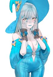  absurdres bare_shoulders blue_bodysuit blue_bow blue_lips blue_nails blush bodysuit bow breasts cleavage collarbone embarrassed female grey_hair hands_on_own_face hat highres long_hair medium_breasts off_shoulder ori_dal original pale_skin solo wide_hips witch_hat wrist_bow wrist_cuffs yellow_eyes 