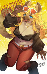  absurd_res ahoge alternative_fashion anthro artist_name bare_shoulders belt big_breasts blonde_hair blue_eyes boots bottomwear bracelet breasts brown_body brown_clothing brown_footwear brown_fur brown_jacket brown_topwear buchiage_hannah character_name cleavage clothed clothing colored_nails cropped_jacket ear_piercing ear_ring eyewear eyewear_on_head fangs female footwear fur glasses glint gyaru hair hand_on_sunglasses hi_res high-angle_view hyena j-fashion jacket jewelry lemoco long_hair long_sleeves looking_at_viewer mammal midriff nails necklace off-shoulder_top onee_gyaru open_mouth pants piercing red_bottomwear red_clothing red_nails red_pants ring_piercing sharp_teeth signature simple_background sitting smile solo spotted_hyena sunglasses sunglasses_on_head tail teeth tinted_glasses tongue topwear torn_bottomwear torn_clothing torn_pants vtuber yellow_background zipper 