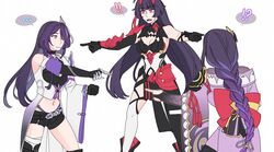  ! !! !? ... 3girls acheron_(honkai:_star_rail) asymmetrical_footwear black_choker black_gloves black_shorts boots braid breasts chains charathegay choker cleavage coat coattails detached_sleeves genshin_impact gloves hair_over_one_eye honkai:_star_rail honkai_(series) honkai_impact_3rd horns japanese_clothes kimono leg_tattoo long_hair meme midriff mihoyo multicolored_hair multiple_girls navel pointing pointing_at_another pointing_spider-man_(meme) purple_eyes purple_hair purple_kimono raiden_mei raiden_mei_(herrscher_of_thunder) raiden_shogun sawashiro_miyuki short_shorts shorts single_bare_shoulder stomach streaked_hair tattoo thigh_boots voice_actor_connection white_coat 