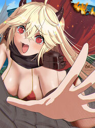  :d @_@ armor azur_lane bikini bikini_armor blonde_hair bluecher_(azur_lane) bluecher_(skyward_burning_love)_(azur_lane) blush breasts burning_clothes burnt_clothes cape cleavage day dragon dragon_horns dragon_riding echo_(lowlow808) female hair_between_eyes hand_up highres horns large_breasts long_hair looking_at_viewer medium_breasts midair oerba_yun_fang official_alternate_costume orange_eyes outdoors outstretched_arm reaching reaching_towards_viewer red_bikini red_cape red_eyes revealing_clothes scared signature smile solo surprised swimsuit tears twintails very_long_hair wings 