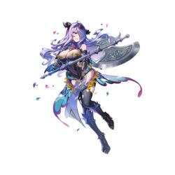  axe battle_axe black_panties black_thighhighs breasts camilla_(fire_emblem) camilla_(resplendent)_(fire_emblem) cleavage fake_horns female fire_emblem fire_emblem_fates fire_emblem_heroes full_body gloves gomashio_ponz hair_over_one_eye holding holding_axe holding_weapon horns large_breasts long_hair official_alternate_costume official_art panties purple_eyes purple_gloves purple_hair simple_background solo tachi-e thighhighs thighs third-party_source transparent_background underwear wavy_hair weapon 